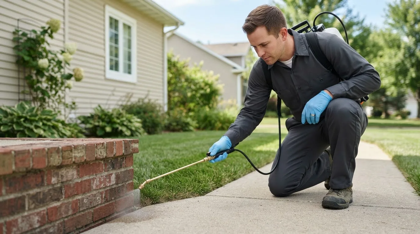 Pest control technician treating a home near De Queen, AR